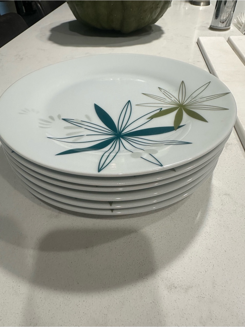 Pier 1 Dessert or Salad Plates White Teal Olive Mid-Century Modern Design (6) - Picture 4 of 9